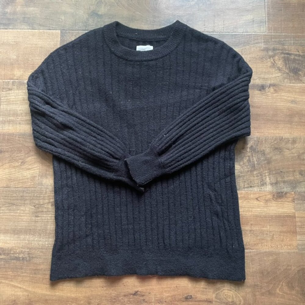Aerie Black Ribbed Knit Crewneck Sweater | Women’s Size M | Cozy Long Sleeve Pul